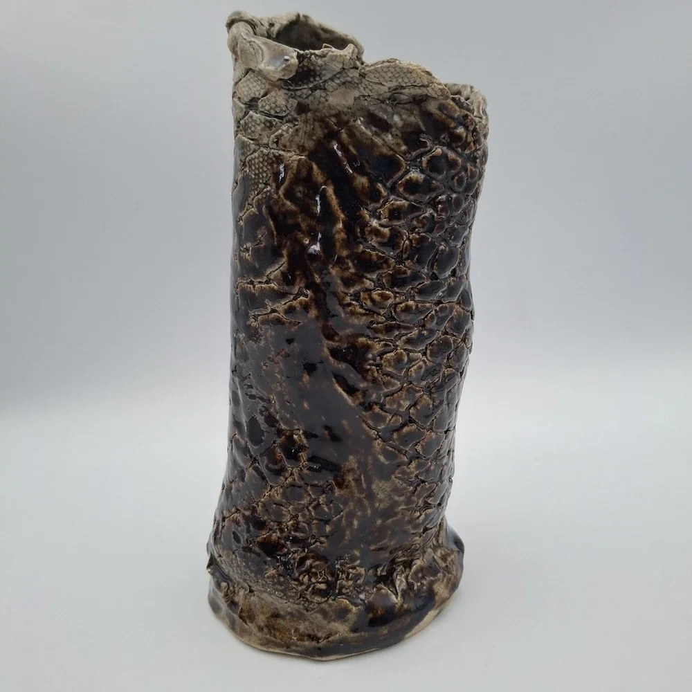 Handcrafted Studio Art Brown Scales Textured Glazed Leaning Pottery‎ 9